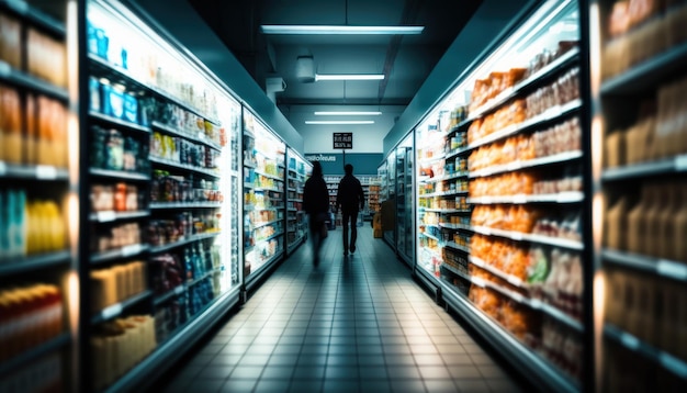 A man and woman walk down a aisle in a supermarket generative Ai