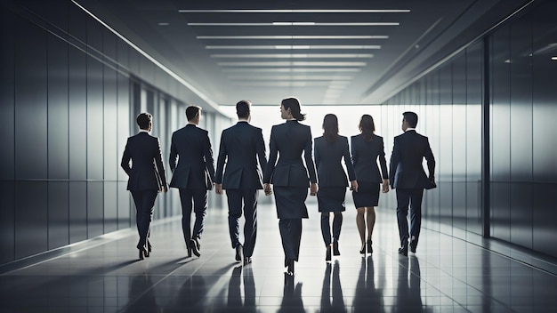 A man and a woman walk down a hallway with a man in a suit and a woman in a skirt