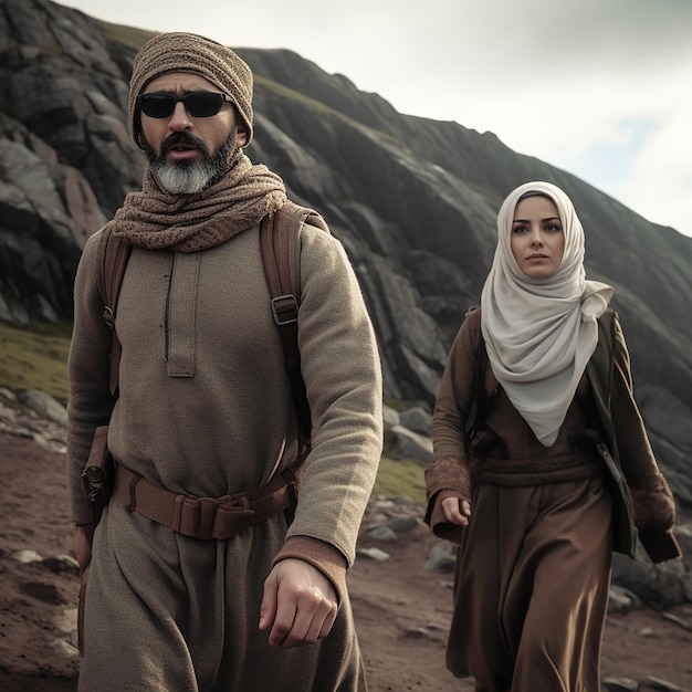 A man and a woman walk down a rocky mountain.