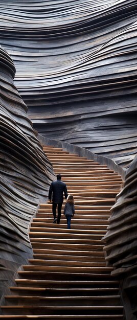 Photo a man and a woman walk down a spiral staircase