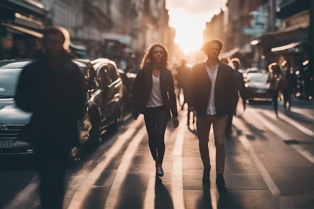 A man and a woman walk down a street in the sun