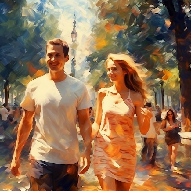 a man and woman walk in the park.