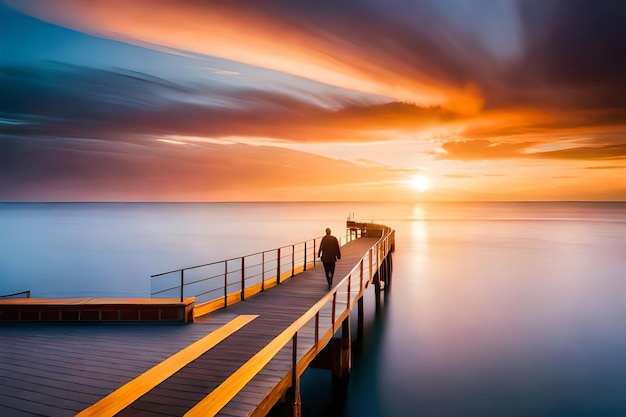 a man and a woman walk on a pier at sunset