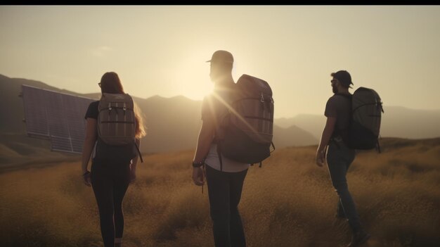 A man and woman walk through a field with a sunset in the background.