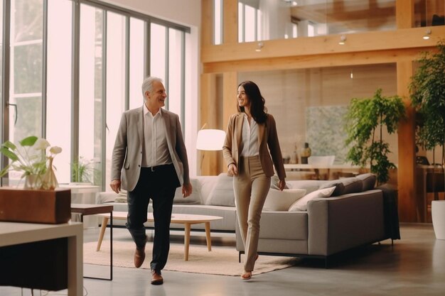 Photo a man and a woman walk through a living room