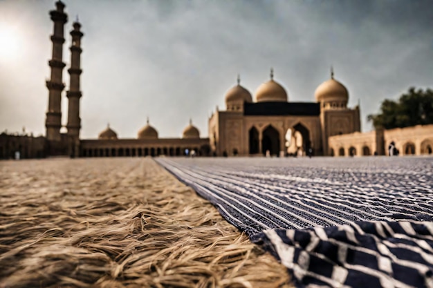 A man and a woman walk through a mosque with a man in a robe