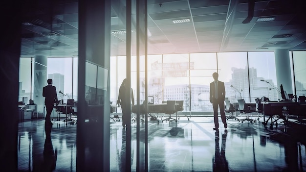 A man and woman walk through an office