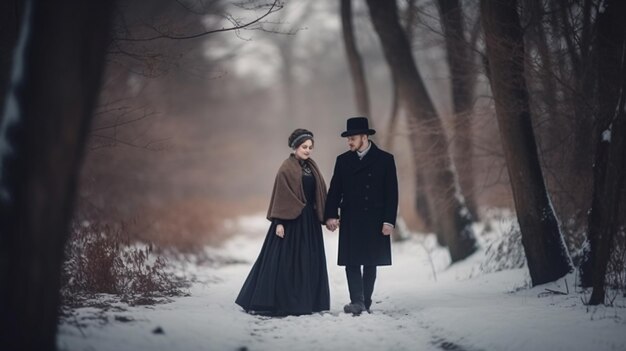 A man and woman walk through a snowy forest holding hands.