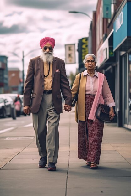 A man and woman walking arm in arm on a city sidewalk