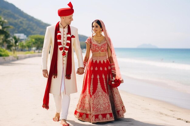 a man and a woman walking on a beach