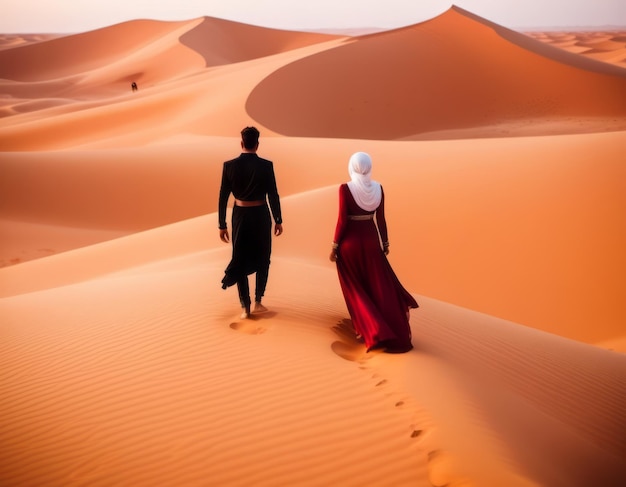 Photo a man and a woman walking in the desert