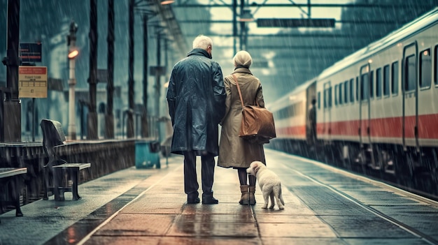 A man and a woman walking a dog on a train platform generative ai image