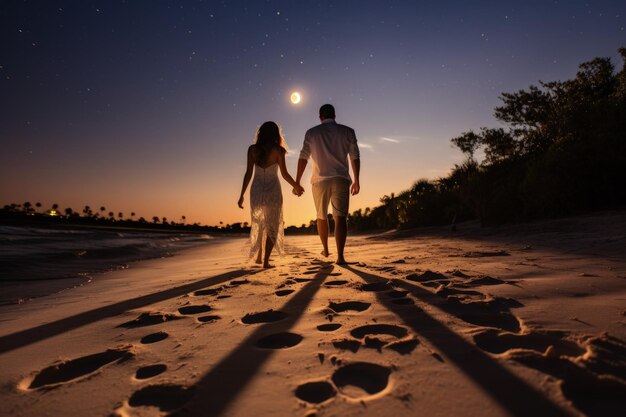 A man and a woman walking down a beach holding hands