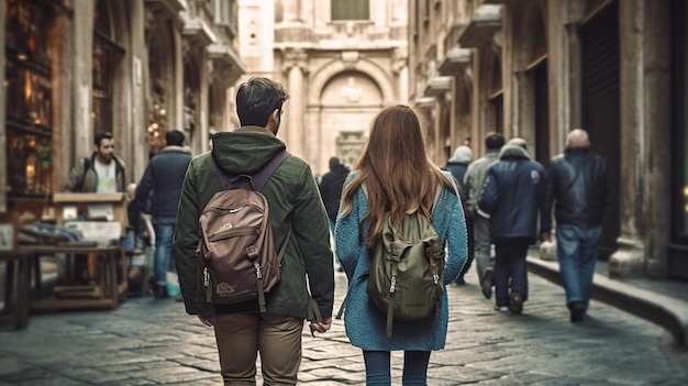 A man and a woman walking down a cobblestone street generative ai image