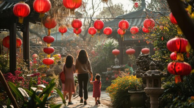 Photo man and woman walking down path together in nature chinese new year