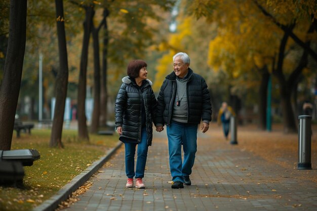 Photo a man and a woman walking down a sidewalk