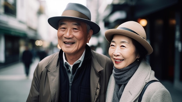 A man and a woman walking down the street wearing hats