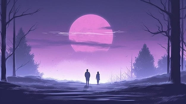 A man and woman walking on a path with a pink moon Generative AI Art