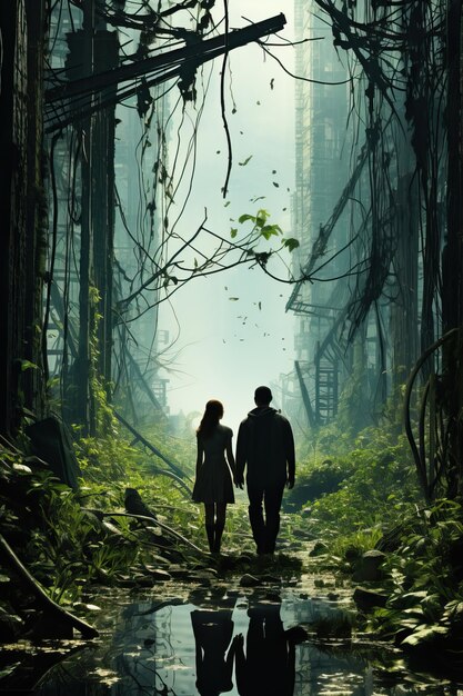 Photo a man and woman walking in a ruined city