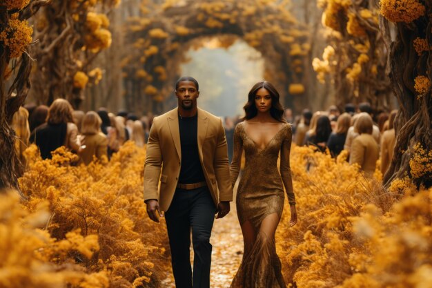 A man and woman walking through a forest with yellow flowers ai