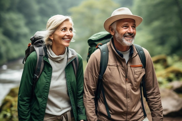 a man and a woman walking in the woods