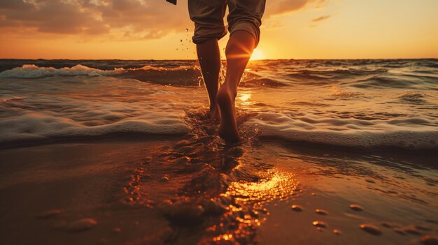 Man or woman walks barefoot outdoors on the beach