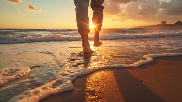 Мужчина или женщина ходят босыми ногами на пляже.