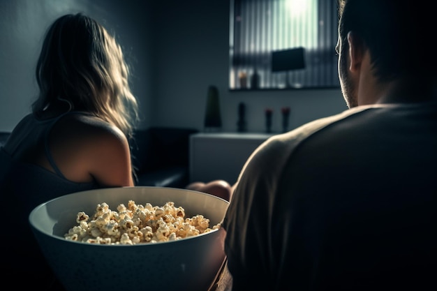 Man and woman watching tv with the popcorn in the bucket with Generative AI