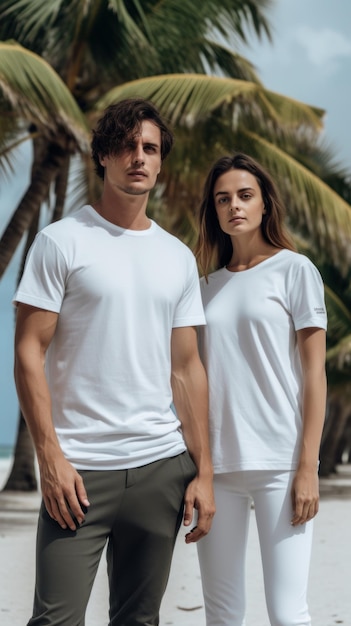 A man and a woman wear white t - shirts on a beach.