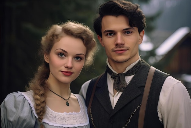 a man and woman wearing bavarian and posing for a photo in the style of soft