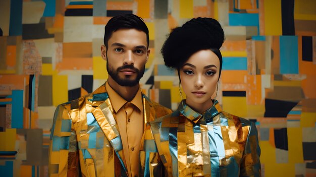 Photo man and woman wearing colorful clothes with glasses on colorful background