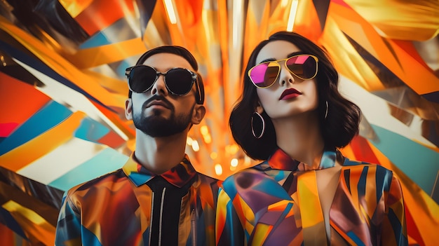 man and woman wearing colorful clothes with glasses on colorful background