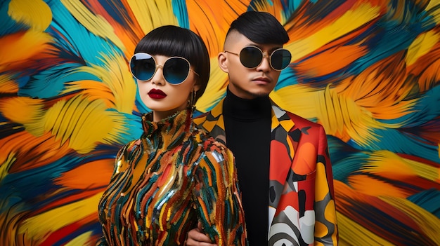 Man and woman wearing colorful clothes with glasses on colorful background