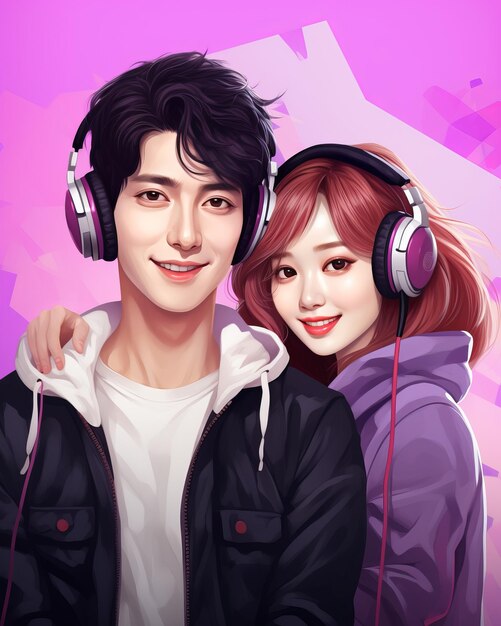 A man and a woman wearing headphones are posing for the camera