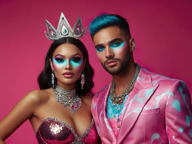 a man and woman wearing makeup and a pink dress with blue eyes