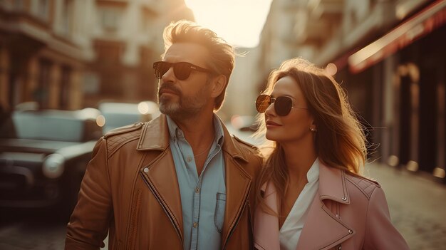 A man and woman wearing sunglasses and coats are walking and shopping down an European street