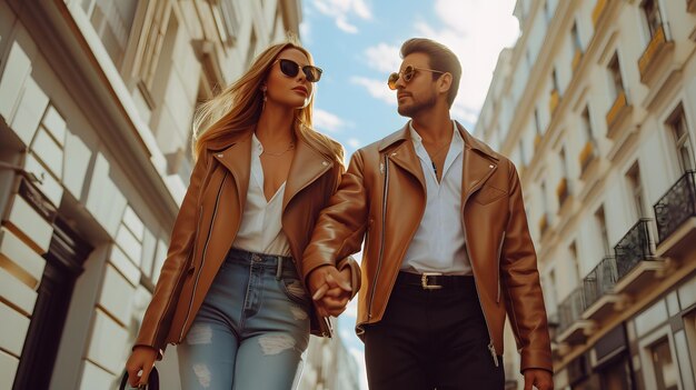 A man and woman wearing sunglasses and coats are walking and shopping down an European street