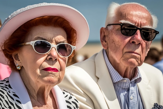 Photo a man and a woman wearing sunglasses and a white hat on a beach