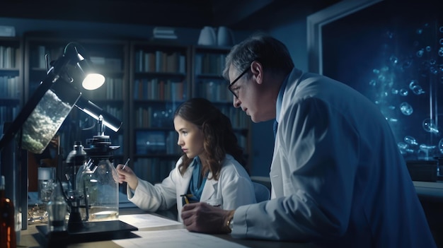 Photo a man and a woman in white lab coats look at a microscope.