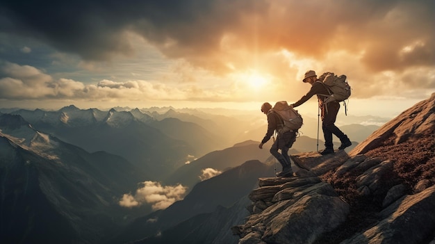 man and woman with backpack hiking together mixed media