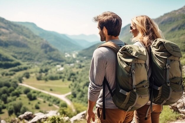 a man and a woman with backpacks look out over a valley