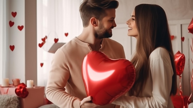 Photo man and woman with present in gift box with red heart shaped balloons at home