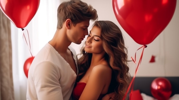 Photo man and woman with present in gift box with red heart shaped balloons at home
