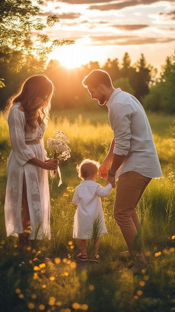 Foto un uomo e una donna con un bambino piccolo in un campo