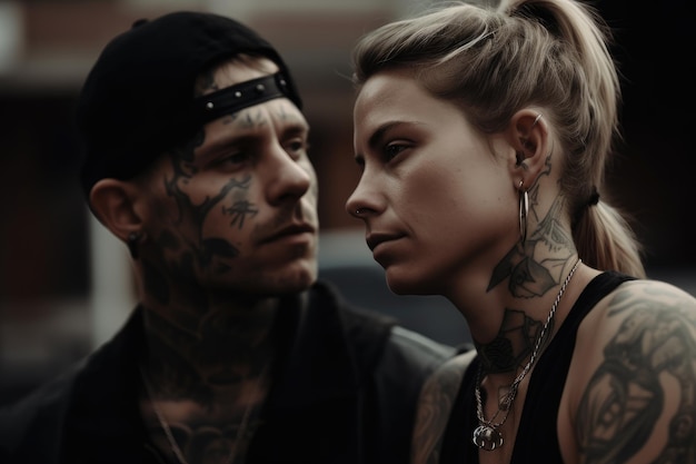 A man and a woman with tattoos on their faces look at each other