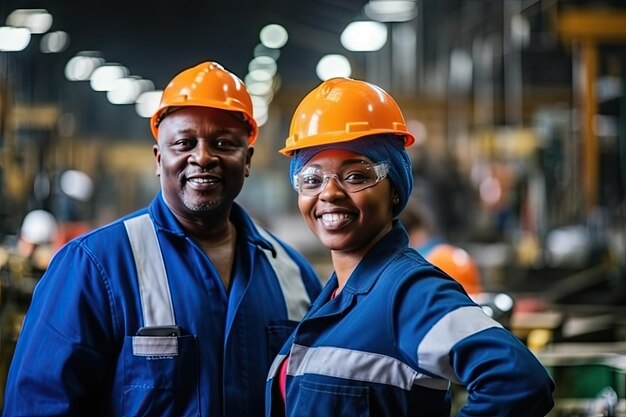 man and woman workers in factory wearing uniform and safety hats