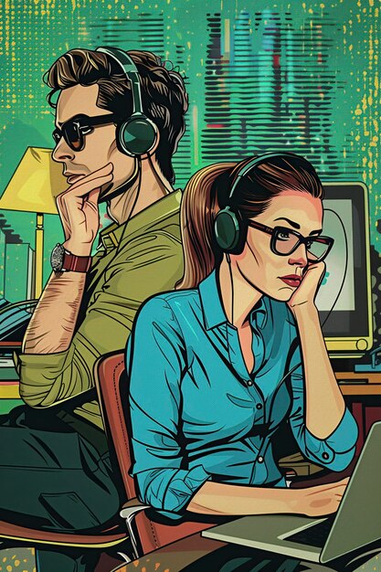 노트북 을 들고 책상 에서 일 하는 남자 와 여자