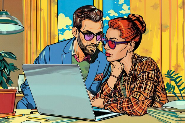 Man and Woman Working at Desk With Laptop