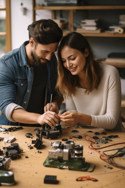 Foto un uomo e una donna che lavorano all'elettronica