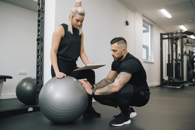 A man and woman working on a fitness ball